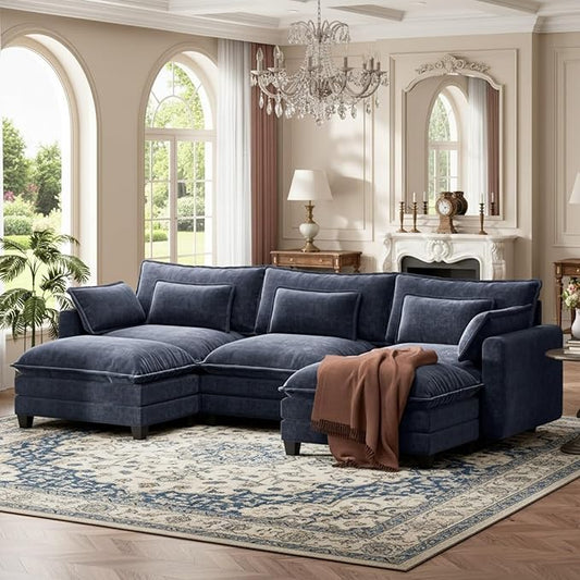 Marsail Modular Sectional Sofa 110.6" U-Shaped Modern Comfy Cloud Couch, 5-Seat Chenille Deep Seat Sofa with Throw Pillow & Movable Ottoman for Living Room, Bedroom and Apartment, Navy Blue