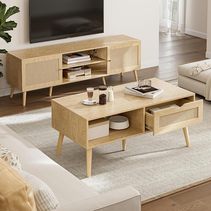 ZttRiee Rattan Coffee Table with Drawer, Boho, Natural | 39.4"L x 19.7"W x 16.9"H, 220 lbs capacity, 1 rattan drawer & open compartments, solid wood legs, ~30 min assembly