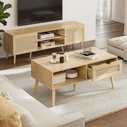 ZttRiee Rattan Coffee Table with Drawer, Boho, Natural | 39.4"L x 19.7"W x 16.9"H, 220 lbs capacity, 1 rattan drawer & open compartments, solid wood legs, ~30 min assembly