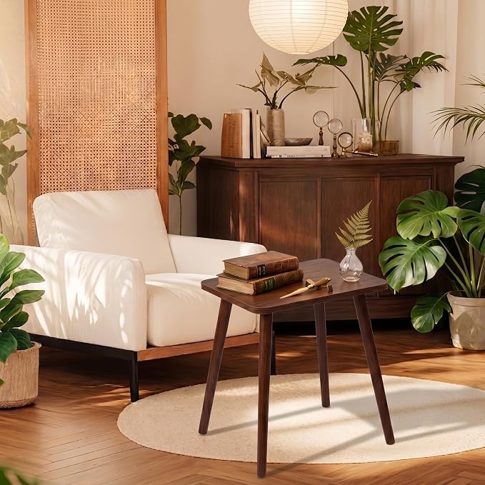 FORAOFUR Small Side Table with Wooden Legs, Short Coffee Table, Brown | Solid wood legs for stability, fits sofa/bedside/small apartments, lightweight, minimalist brown, quick assembly with tools