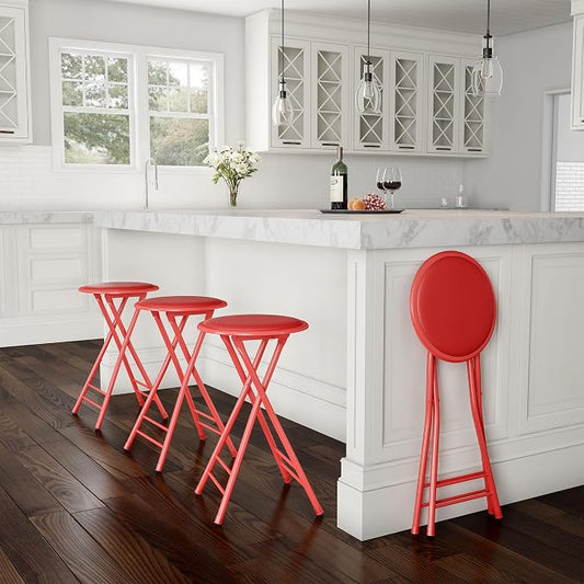Lavish Home Folding Stool - Set of 4 Counter Height Bar Stools – 24-Inch Backless Folding Chairs with 225lb Capacity for Kitchen, Rec Room, or Game Room (Red)