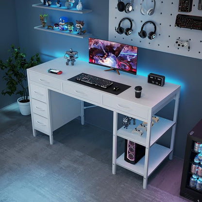 Sweetcrispy 55" Computer Desk with 6 Drawers, Home Office Gaming Desks with Storage Shelves for Bedroom, Writing Study Corner Living Room Work Table White