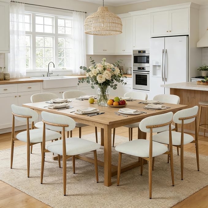 FREKEN Modern Upholstered Dining Chairs Set of 8, Mid-Century Metal Frame with Wood Grain, Linen Fabric Side Chair for Kitchen Dining Room, 350lbs Capacity, Beige