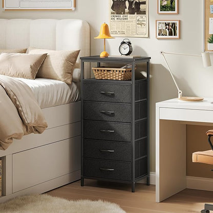 Huuger 5 Drawers Dresser with Charging Station, Dresser for Bedroom, Tall Night Stand, Chest of Drawers with Open Shelf, Bedside Table Nightstand, Fabric Storage Drawers, for Entryway, Black