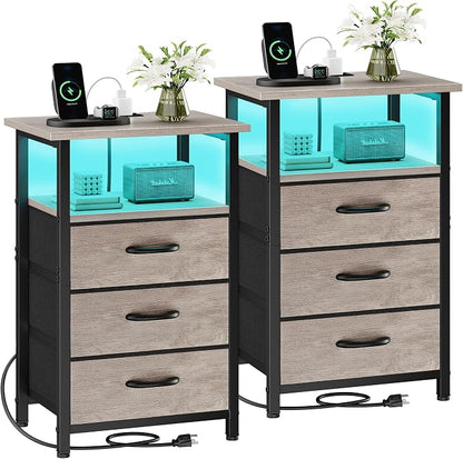 Vagusicc Night Stand Set 2 with Charging Station, LED Nightstand for Bedroom, Bedside Table with 3 Fabric Drawers, End Table Side Table with USB Ports & Outlets, Bed Side Table for Bedroom, Greige