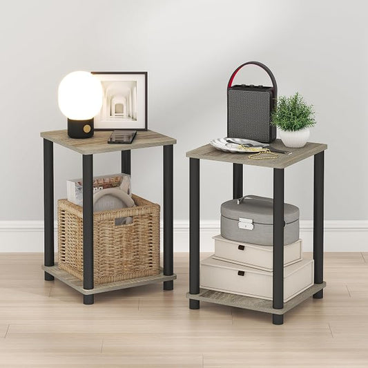 Furinno Turn-N-Tube Night Stand Set of 2, 2-Tier Nightstand, French Oak | Stackable, Open Shelf, Toolless Bedside Table, Side Table, End Table for Living Room, Bedroom