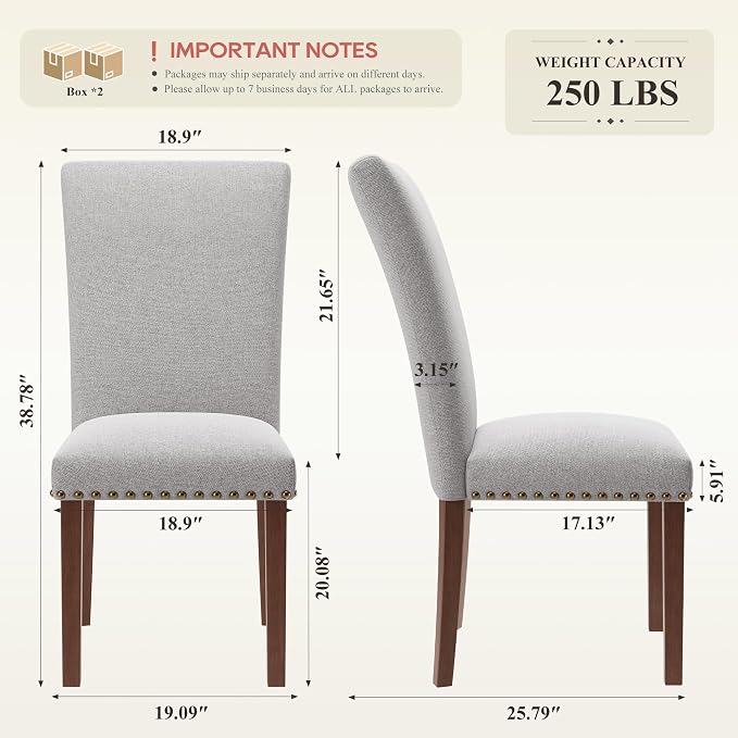 COLAMY Upholstered Parsons Dining Chairs Set of 4, Fabric Dining Room Kitchen Side Chair with Nailhead Trim and Wood Legs - Light Grey