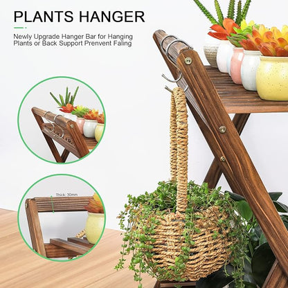Indoor Plant Stand for Multiple Plants 2 Tier Wood Plant Shelf with Hanging | Outdoor Flower Pot Stand Holder with Planter Hanger for Yard Patio Garden Balcony Porch Living Room Corner ( Rustic X-Cross)