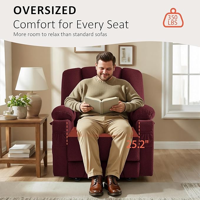 MCombo Oversized Zero Gravity Recliner Chair with Heating and Massage, Power Recliner for Big and Tall with USB & Type C Ports, Cup Holders for Living Room 8017 (Burgundy, Oversized)