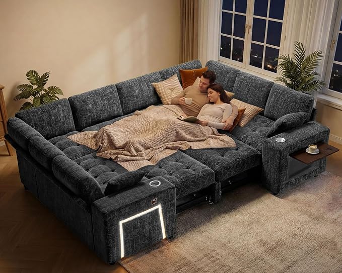 Vipbear 111" Modular Sectional Sleeper Sofa with Pull Out Bed, 8 Seat Chenille U Shaped Couch with 2 Pull-Out Beds|USB Ports|Cup Holders|Side Table|LED Light, Tool Free Assembly, Grey