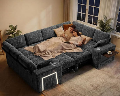 Vipbear 111" Modular Sectional Sleeper Sofa with Pull Out Bed, 8 Seat Chenille U Shaped Couch with 2 Pull-Out Beds|USB Ports|Cup Holders|Side Table|LED Light, Tool Free Assembly, Grey