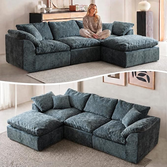 109" Boneless Cloud Couch Sectional for Living Room, Oversized Modular L Shaped Sofa with Ottoman, Deep Seat Chenille Sectional Couch for Cloud-Like Comfort(Blue)