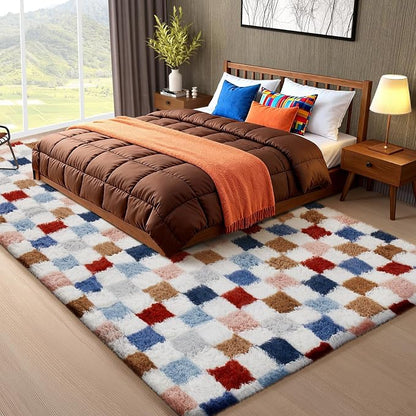 Ophanie Checkered Rainbow Rug for Living Room Bedroom,Colorful Fluffy Soft Cute Fuzzy Area Rugs,Shag Plush Shaggy Bedside Floor 8x10 Furry Carpet for Kids Teen Dorm Decor with Over 99 pcs Pile fibers