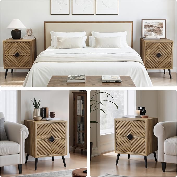 Smuxee Walnut Wooden Nightstand with 2 Drawers, Mid Century Night Stand with Fluted Diamond Doors, Bedside Table with Metal Feet, Modern End Side Table for Bedroom