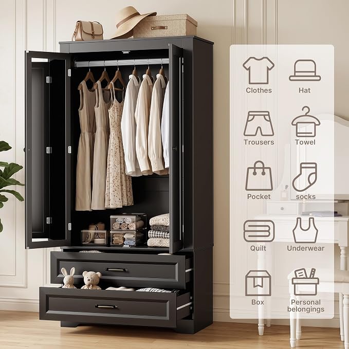 Gizoon Wood Wardrobe Closet with Full Length Mirror, Wooden Armoire with Hanging Rod & 2 Drawers, Bedroom Clothing Storage Cabinet, Anti-tip, Mirror Can Be Installed on Left/Right Door Freely, Black