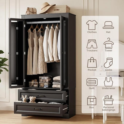 Gizoon Wood Wardrobe Closet with Full Length Mirror, Wooden Armoire with Hanging Rod & 2 Drawers, Bedroom Clothing Storage Cabinet, Anti-tip, Mirror Can Be Installed on Left/Right Door Freely, Black