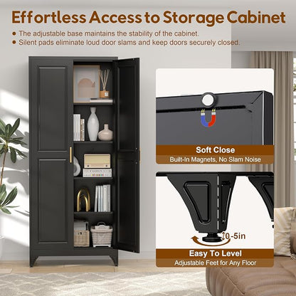 UNICOLY 75" Kitchen Pantry Cabinet, Tall Storage Cabinet with Doors and 4 Shelves, Metal Storage Cabinets for Kitchens, Living Room, Dinning Room, Assembly Required, Black