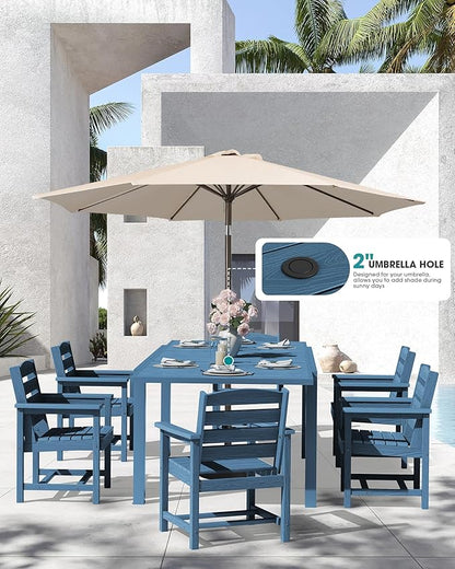 SERWALL 10-Piece Patio Dining Sets with 15FT Patio Umbrella, Blue | 60" - 83" Expandable Outdoor Dining Table and 8 HDPE Chairs, All Weather HDPE Outdoor Furniture Set
