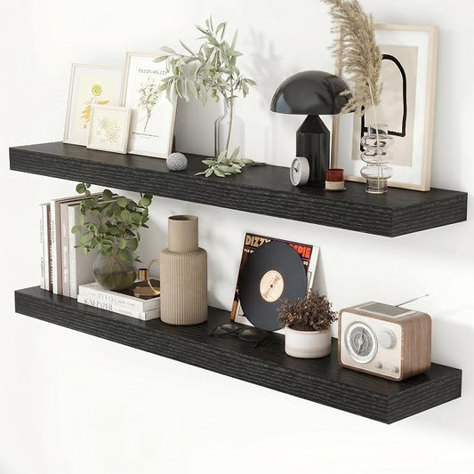 Heimlove 44 Inch Floating Shelves for Wall 8 Inch Deep Black Shelves Set of 2,Wall Mounted Rustic Wood Long Floating Shelf，Large Display & Storage Shelf with Invisible Brackets