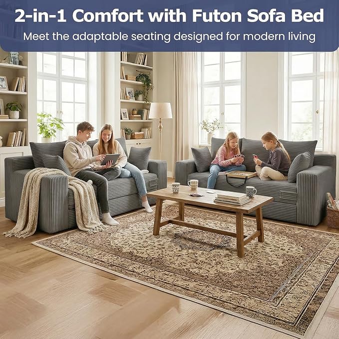 Boneless Couch for Living Room, 3 Seater Convertible Futon Sofa Bed Comfy Pull Out Couch with 5 Pillows & Detachable Washable Cover, Upholstered Floor Sofa in A Box, No Assembly Required, Grey