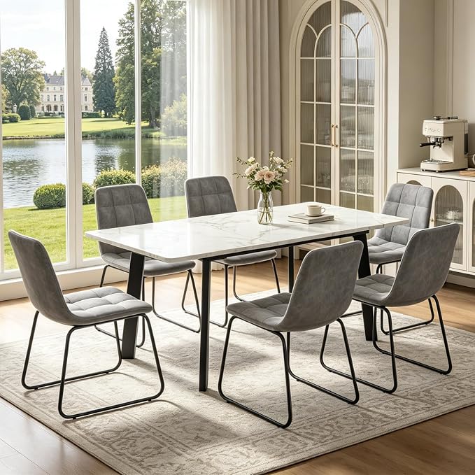47.2"-63" Extendable Dining Room Table Set for 4-8 People, White | Removable Extension Leaf, Robust MDF Rectangle Tabletop, 6 Grey U-shaped PU Leather Chairs, Heavy Duty Modern Kitchen Table