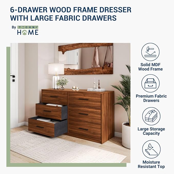 Modern 6-Drawer Dresser with Spacious Storage, Sturdy Wood Frame, Large Capacity Fabric Drawers, Dressers for Bedroom, Home Organization Storage for Living Room or Hallway, Walnut | 6-drawer dresser, fabric storage drawers, sturdy wood frame, bedroom o...