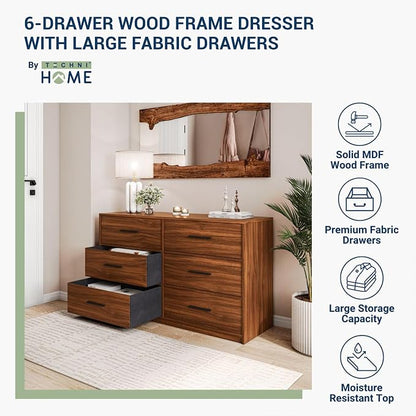 Modern 6-Drawer Dresser with Spacious Storage, Sturdy Wood Frame, Large Capacity Fabric Drawers, Dressers for Bedroom, Home Organization Storage for Living Room or Hallway, Walnut | 6-drawer dresser, fabric storage drawers, sturdy wood frame, bedroom o...