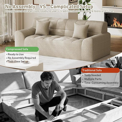 91.5" Modern Boneless Couch for Living Room, Comfy Cloud Sectional Sofa with Deep Seat, Chenille Love Seat Oversized Upholstered 3-Seater Sofa, No Assembly Required Tufted Sofas, Light Brown