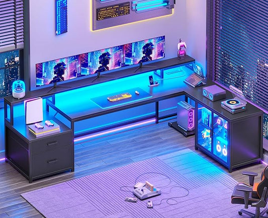 SEDETA L Shaped Gaming Desk, 78.7” Large Computer Desk with Drawers and Power Outlet & LED Light, Corner Gaming Desk with Storage Shelves, Display Cabinet for Home Office, Black