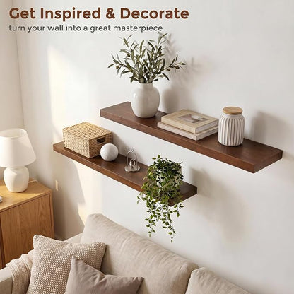 fuqing 40 Inch Floating Shelves | 6.7 Inch Deep Dark Wood Floating Shelves for Wall Set of 2 | 40''W x 6.7''D x 1.4''H Dark Wood Shelves for Living Room Bathroom Bedroom Kitchen Home Office