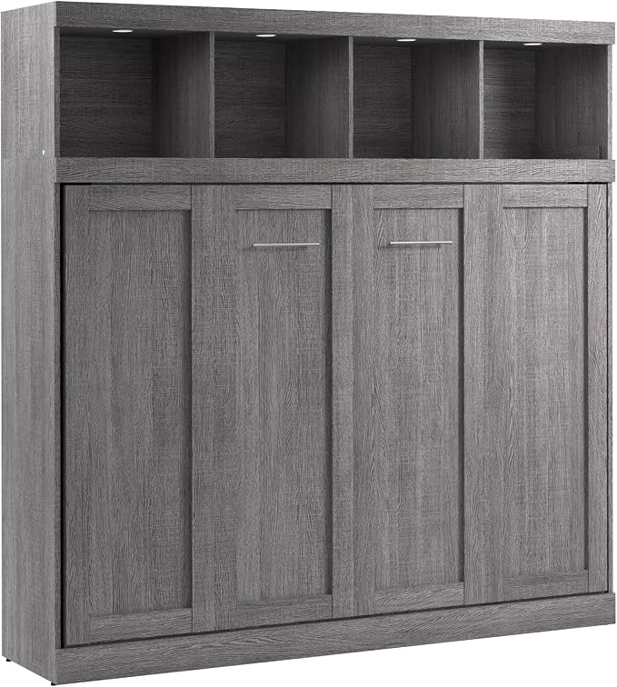 Bestar Queen Size Horizontal Murphy Bed with Storage and Charging Station, 80-inch, for Bedroom or Guestroom, Pur Collection, Modern, Gray