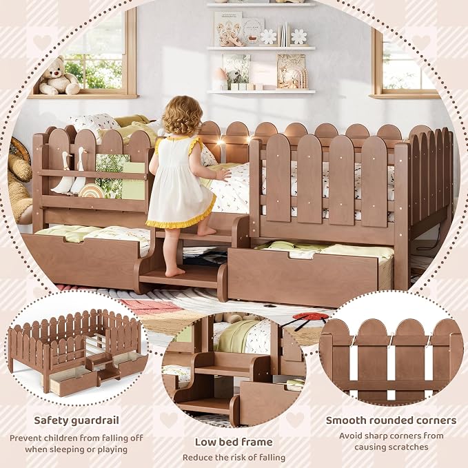 Bellemave Twin Montessori Bed with Stairs, Lights, Rails and Slats, Twin Size Montessori Floor Bed with Bookshelf and 2 Storage Drawers, Easy Assemble Beds Frame for Girls, Boys, Natural