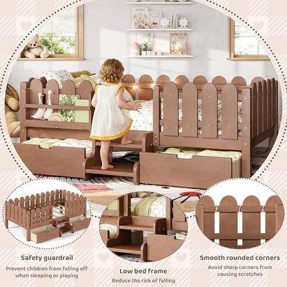 Bellemave Twin Montessori Bed with Stairs, Lights, Rails and Slats, Twin Size Montessori Floor Bed with Bookshelf and 2 Storage Drawers, Easy Assemble Beds Frame for Girls, Boys, Natural