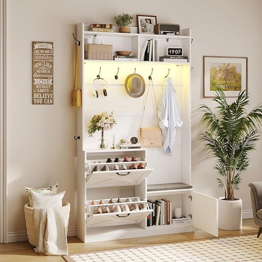 Maupvit Narrow Hall Tree with Shoes Storage, Entryway Bench with Coat Rack and Led Lights, 78" Tall Hall Tree with 9 Coat Hooks, 2 Shoe Storage Cubbies & Umbrella Hooks for Mudroom, Hallway