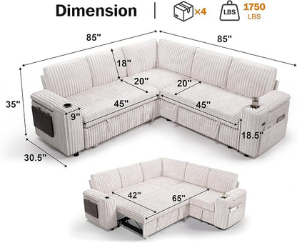 WEUP 86" Modular Sectional Sleeper Sofa with Pull Out Bed, 5 Seat Plush Corduroy L Shaped Couch with USB Ports|Cup Holders|Side Table|Storage Seat Armrests, Tool Free Assembly, Beige