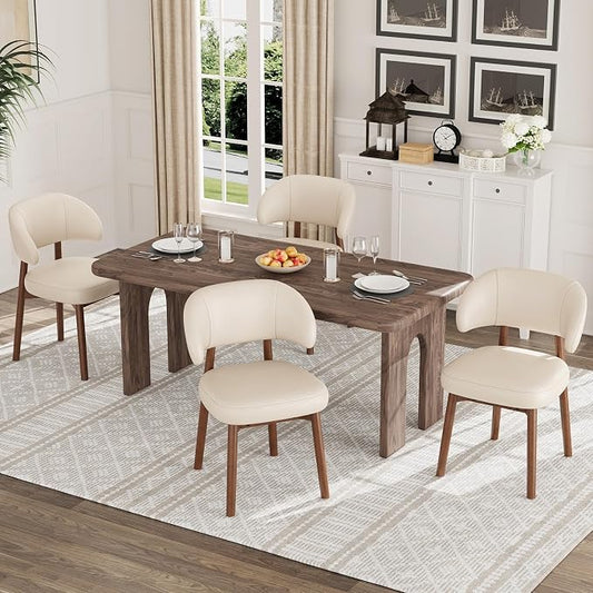 MALOL Wooden Dining Chairs Set of 4, Modern Upholstered Dining Room Chair, PU Leather Kitchen Side Chairs with Curved Open Back for Living Room/Restaurant/Cafe, Beige
