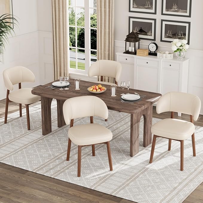 MALOL Wooden Dining Chairs Set of 2, Modern Upholstered Dining Room Chair, PU Leather Kitchen Side Chairs with Curved Open Back for Living Room/Restaurant/Cafe, Beige