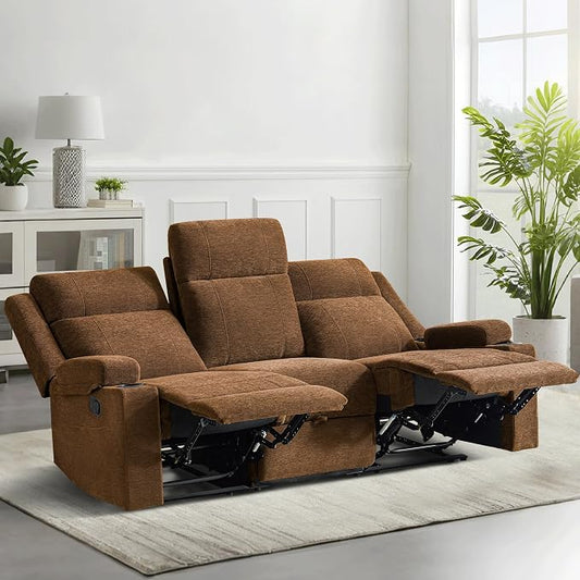 GUEAPY Large Manual Reclining Sofa 3-Seater Chenille Recliner Couch with Cup Holders, Wide Seat, Easy Assembly & Spill-Resistant Fabric Cozy Reclining Sofa for Living Room, Apartment, RV, Brown