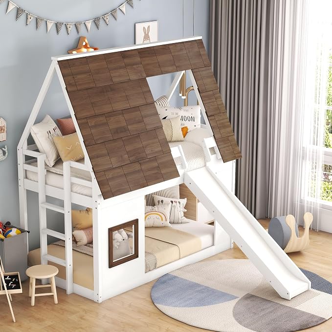 YOPTO Wood Twin Size House Bunk Bed with Roof, Ladder and Slide,Bedroom Low Loft Bed Frame,W/Guardrail,No Box Spring Needed,for Kids,Teens,Girls,Boys White+Brown