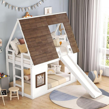 YOPTO Wood Twin Size House Bunk Bed with Roof, Ladder and Slide,Bedroom Low Loft Bed Frame,W/Guardrail,No Box Spring Needed,for Kids,Teens,Girls,Boys White+Brown