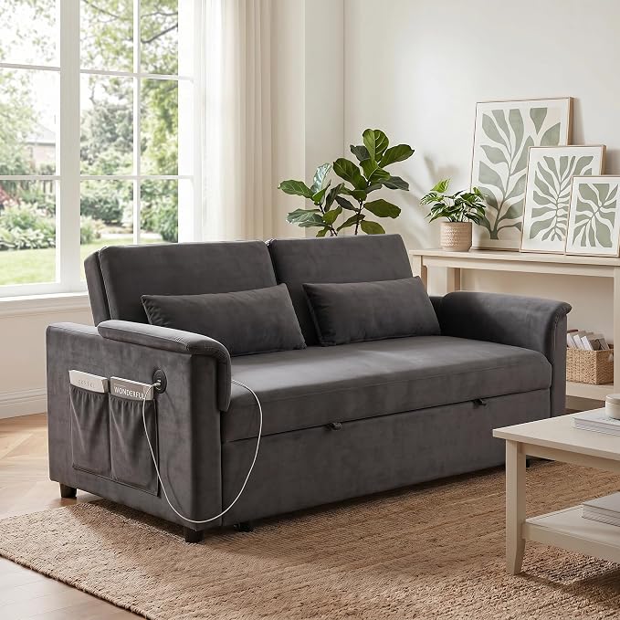 Sofa Bed, Pull Out Couch with Side Pockets, 3 in 1 Velvet Loveseat Sleeper Sofas Beds with USB Ports, Sofa Bed Couch with Adjustable Backrest for Living Room, Bedroom, Apartment, Gray