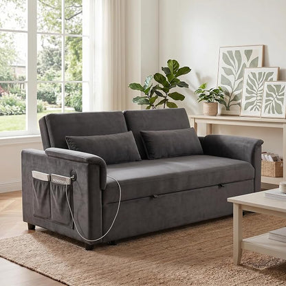 Sofa Bed, Pull Out Couch with Side Pockets, 3 in 1 Velvet Loveseat Sleeper Sofas Beds with USB Ports, Sofa Bed Couch with Adjustable Backrest for Living Room, Bedroom, Apartment, Gray