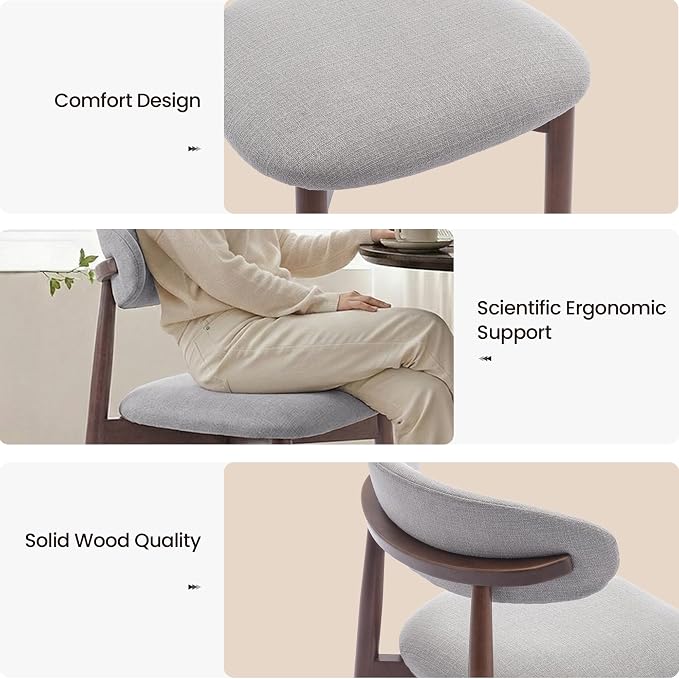 COLAMY Mid-Century Modern Wooden Dining Chair Set of 4, Indoor Upholstered Kitchen Chairs with 2.6" Cozy Padded Seat, Walnut Finish Side Dining Chair, [Gray]