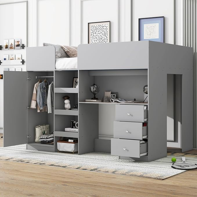 Ball & Cast Twin Size House Shape Loft Bed with Ladder & Safety Guardrail,Wooden Platform Bedframe W/Wardrobe & Under-Bed Play Space,Space-Saving,No Box Spring Needed,for Boy Girl Teens Bedroom,Grey
