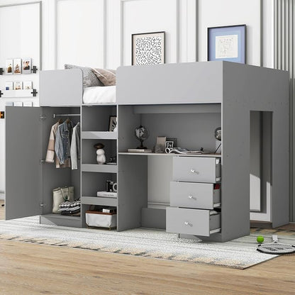 Ball & Cast Twin Size House Shape Loft Bed with Ladder & Safety Guardrail,Wooden Platform Bedframe W/Wardrobe & Under-Bed Play Space,Space-Saving,No Box Spring Needed,for Boy Girl Teens Bedroom,Grey