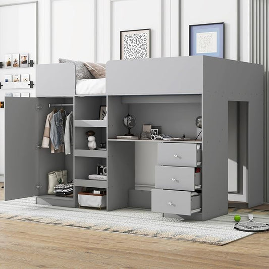 Ball & Cast Twin Size House Shape Loft Bed with Ladder & Safety Guardrail,Wooden Platform Bedframe W/Wardrobe & Under-Bed Play Space,Space-Saving,No Box Spring Needed,for Boy Girl Teens Bedroom,Grey
