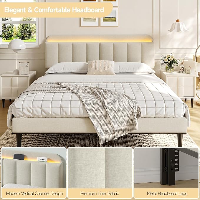 Adjustable Headboard for King/California King Size Bed Frame, Linen Fabric Bed Headboard with Storage & RGB LED Light in Modern Vertical Channel Design, White