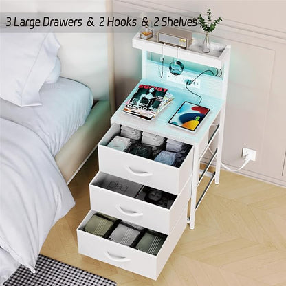 Night Stand with Charging Station Set of 2, LED Nightstand Bedside Table with USB Ports and Outlets, 3 Fabric Drawer End Side Table Night Stand Set 2 for Bedroom with Storage Shelf and 2 Hooks, White