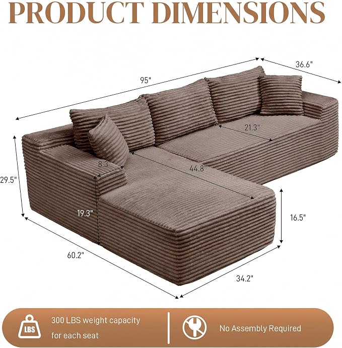 95" L Shaped Cloud Boneless Sectional Couches for Living Room, Modern Comfy Modular Deep Seat Memory Foam Compressed Corduroy Sofa Oversized Left Facing Chaise, No Assembly Required, Brown