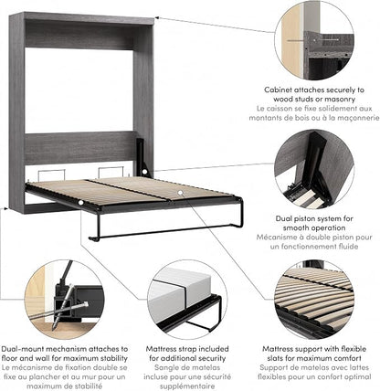 Bestar Pur Queen Murphy Bed, 65-inch Space-Saving Wall Bed for Guest Room or Home Office